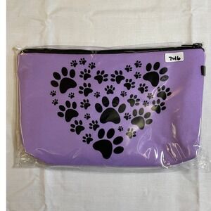 The Pouch Makeup Bag Womens OS Purple NWT Paw Print Heart Zippered Travel Pouch